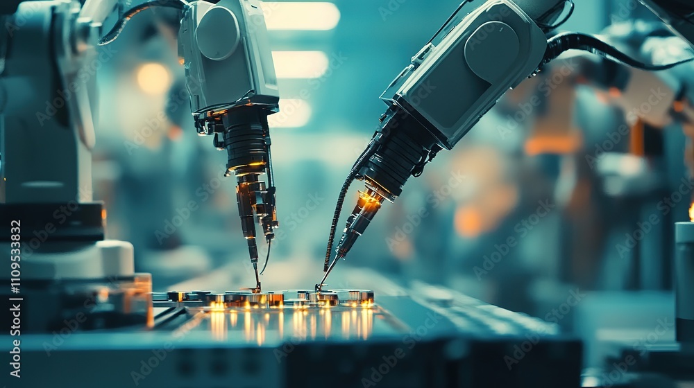 Poster a close-up of factory robotics assembling complex products with accuracy.