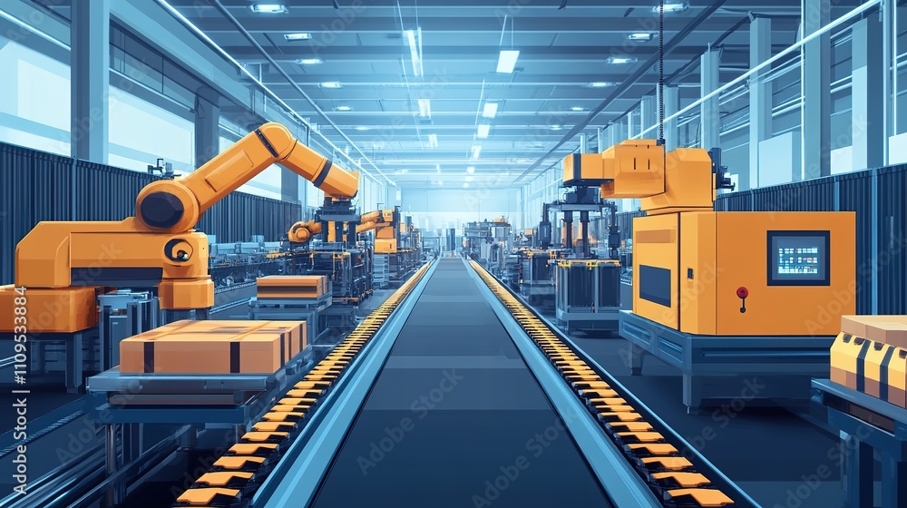 Poster a factory floor featuring fully automated machinery systems in operation.