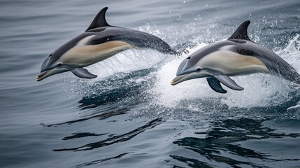 Fototapeta premium Dynamic Duo: Dolphins Leaping Through Waves - Two dolphins playfully leap through ocean waves, showcasing energy, freedom, and the beauty of marine wildlife. Symbolizing joy, nature, and aquatic life