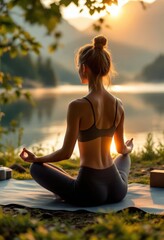 Fototapeta premium Woman practicing yoga at sunset in the mountains near a lake