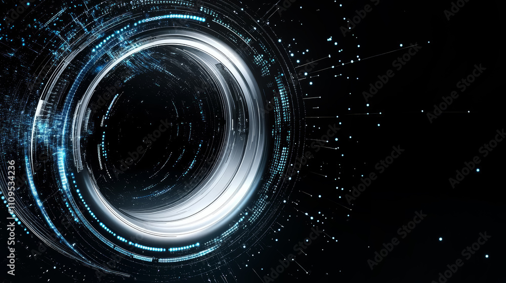 Wall mural abstract digital art blue and silver tech circle camera lens on dark background with copy space. sci
