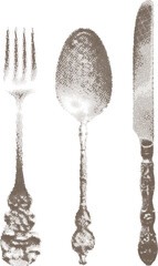 A halftone-style illustration of vintage cutlery, featuring a fork, spoon, and knife with ornate, detailed handles.