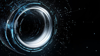 Abstract digital art blue and silver tech circle camera lens on dark background with copy space. Science, futuristic digital technologies concept.