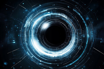 Abstract digital art blue and silver tech circle camera lens on dark background. Science, futuristic digital technologies concept.