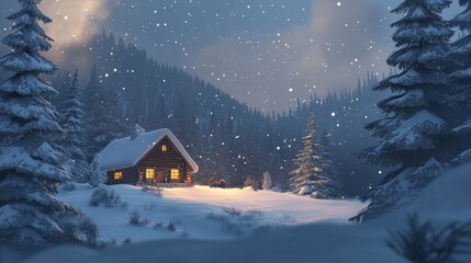 Soft illustrated snow scene with cozy cabin

