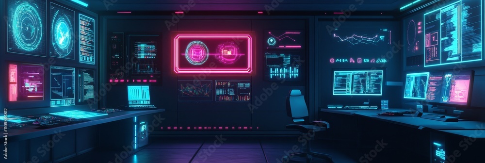 Poster futuristic data center: ai breach detection lab - ai, cybersecurity, futuristic technology, data cen