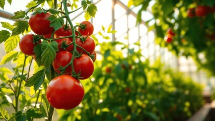 Close-up of ripe red tomatoes growing on a vine in a greenhouse with a blurred background