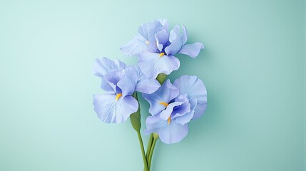   Blue flowers sit atop a green table next to a white vase brimming with purple blossoms