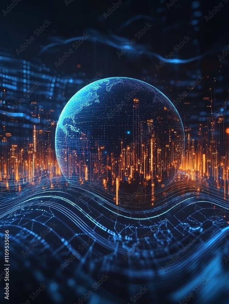 Poster global network, digital world, data visualization - a digital globe surrounded by data streams, symb