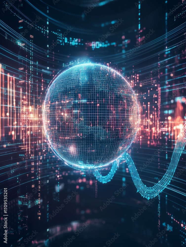 Poster global network data sphere - digital globe, data streams, network connections, global communication,