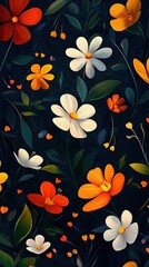   A stunning portrait of an array of vibrant flowers against a dark backdrop, adorned with hues of orange, white and red