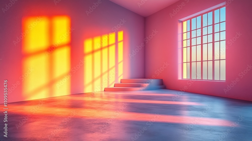 Poster bright and colorful minimalistic interior space with vibrant light shadows from windows at sunrise c