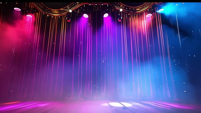 A vibrant theater stage with colorful lights and smoke effects, ready for a performance.