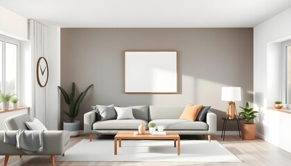 "Modern Living Room with Minimalist Accent Wall – Blank Frame Mockup and Scandinavian-Inspired Interior Design"