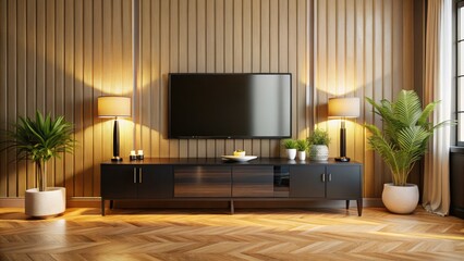 Modern Black Wood TV Stand, Cream Wall Panels, Glowing Wooden Floor - High Depth of Field Interior Design Photo