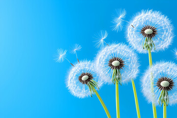 Obraz premium A vibrant blue background features delicate dandelions, their fluffy seeds drifting gently in the air, symbolizing nature's beauty and transience.