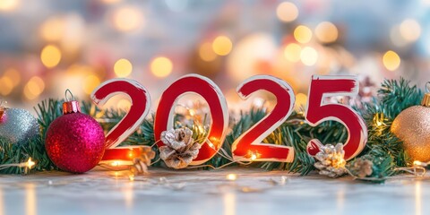 Naklejka premium Hanging illuminated 2025 numbers with festive ornaments