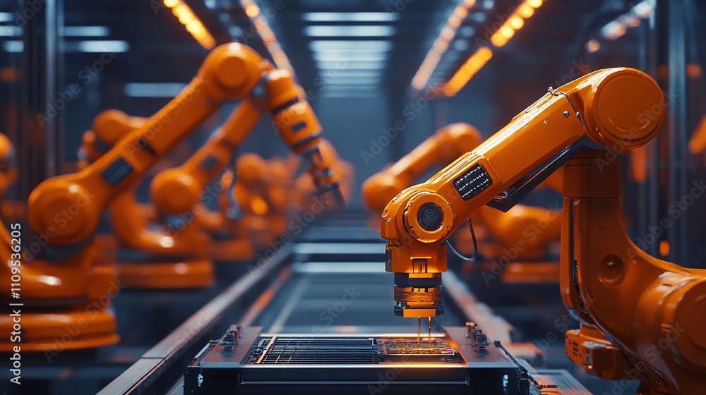 Poster advanced factory robotics assembling components for the automotive industry.