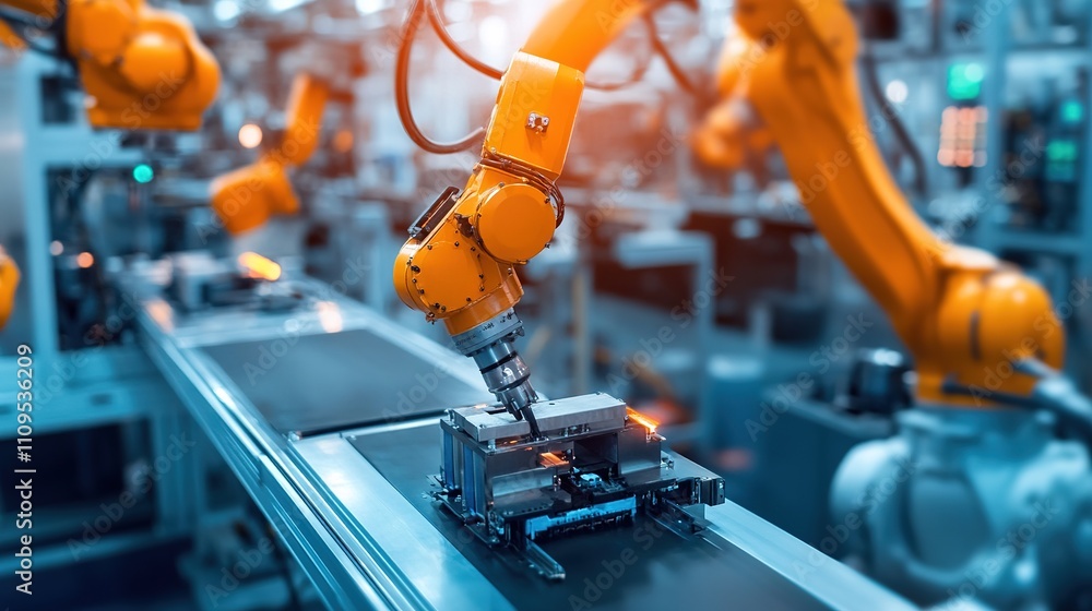 Poster advanced factory robotics assembling components for the automotive industry.