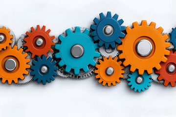 Colorful gears in various sizes interlock, showcasing a mechanical theme that represents innovation, engineering, and complex systems.