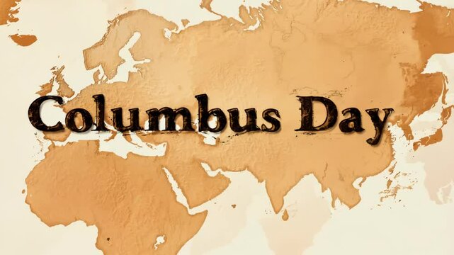 Rustic watercolor text "Columbus Day" in a warm brown-to-blue gradient on a textured beige background with a world map theme, perfect for honoring Columbus Day