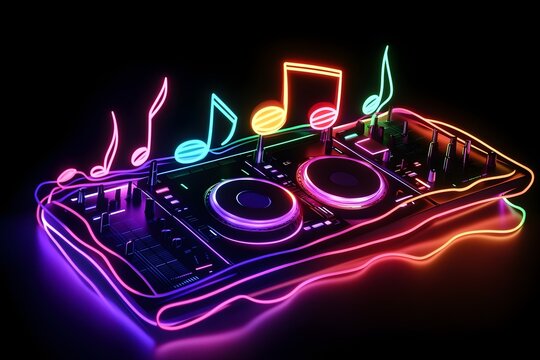 A cutting-edge DJ booth with neon lighting effects and dynamic music note trails isolated on a black backdrop.