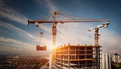 고층 건물 공사 현장에서 타워크레인이 자재를 올리고 있는 장면