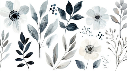   A white background featuring a set of watercolor flowers and leaves with Happy New Year written in black and white