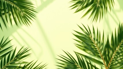 Fototapeta premium Tropical Palm Leaf Frame with Shadow on Light Green Background