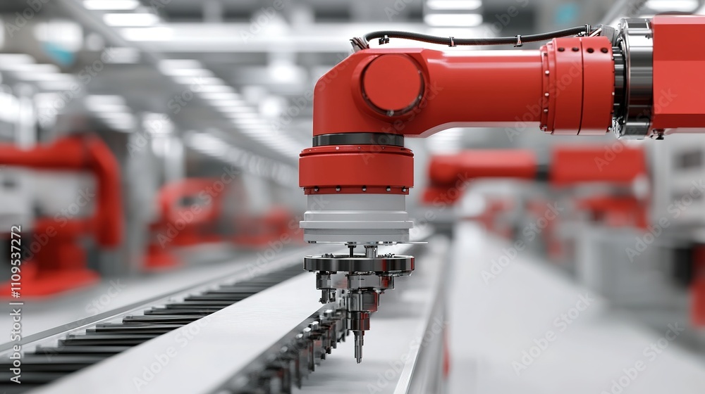 Poster automated machinery working on precision tasks in a modern factory.