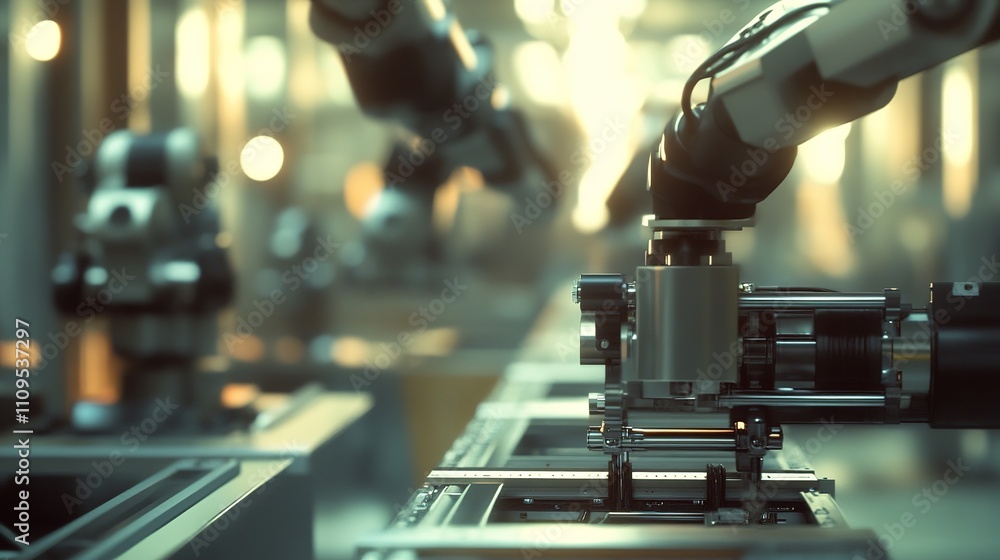 Poster automated machinery working on precision tasks in a modern factory.