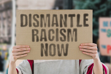 The phrase 'Dismantle racism now' on a banner held by a person. Promoting equality. Equality....