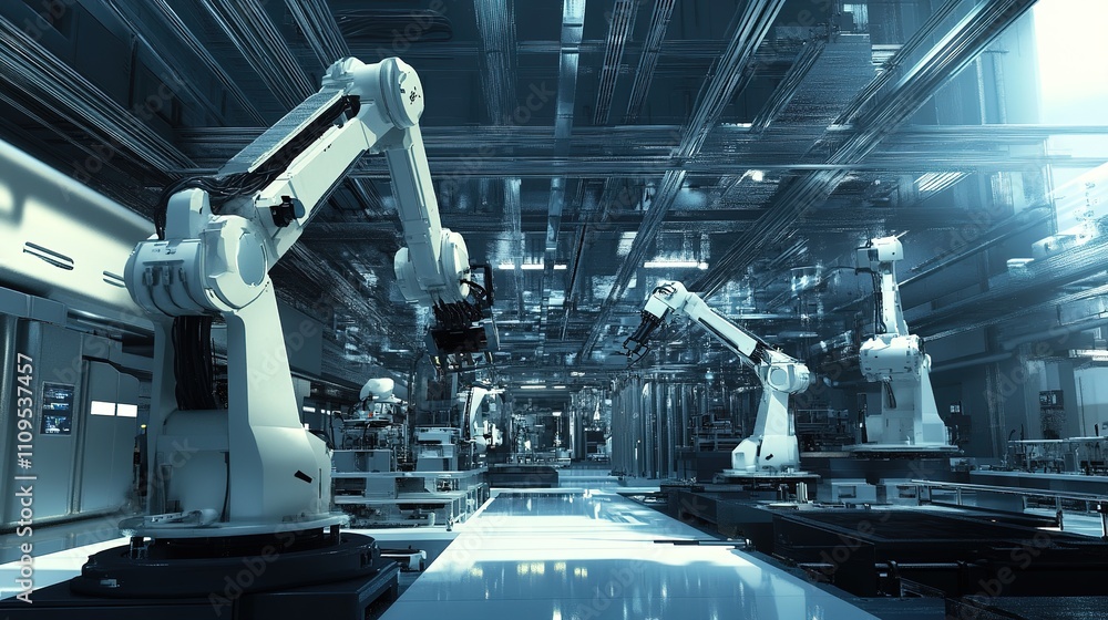 Poster automated machinery working on precision tasks in a modern factory.