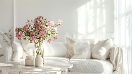 Modern Cozy White Living Room with Sofa and Flowers