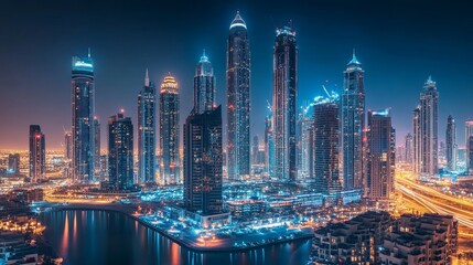 Naklejka premium Modern Skyscrapers at Night in Dubai - Stunning cityscape of illuminated skyscrapers reflecting on calm waters, symbolizing modern architecture, urban development, progress, luxury, and night life.