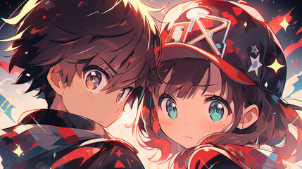 Naklejka premium anime girl and guy in love cartoon