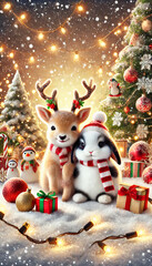 Cute holiday winter scene with woodland animals