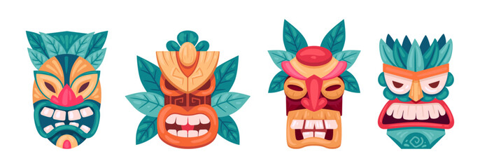 African tribal masks. Ritual wooden aztec or african idols, ethnic colorful masks flat vector illustration set. Cartoon ceremonial hawaiian tiki totems