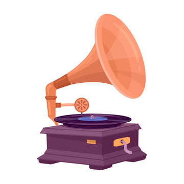 recommend clip art: Antique music gramophone. Vintage audio device for listening music, retro gramophone flat vector illustration. Nostalgic gramophone player on white background