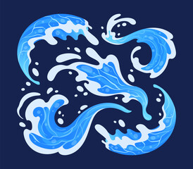 Cartoon aqua splashes. Blue water drops, transparent water splash, liquid water flows and streams flat vector illustration. Flowing water splashes