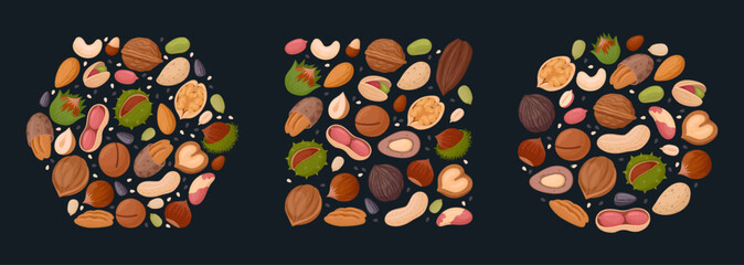 Cartoon nut frames. Nuts borders design, walnut, hazelnut, almond and pistachio frames of various shapes flat vector illustration set. Nuts border frames
