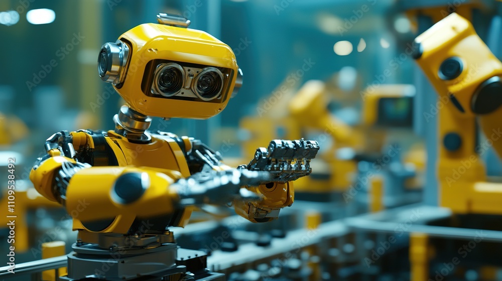 Poster engineers programming factory robotics for precision manufacturing.