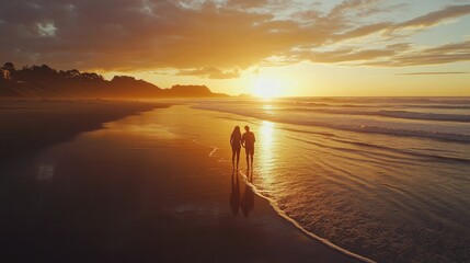 Romantic Beach Sunset Embrace, a couple sharing a tender moment as the sun sets over the horizon, waves gently lapping at their feet, creating a serene atmosphere of love.