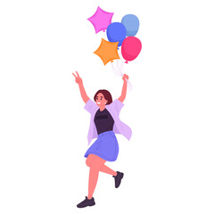 Cheerful girl floating with balloons. Jumping female character with helium balloons in hands flat vector illustration. Cartoon happy woman with colorful balloons