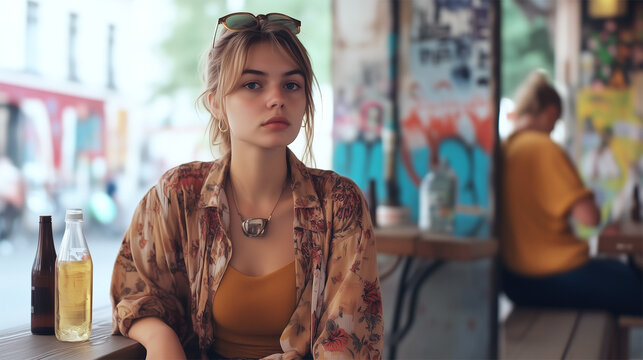 Young German woman in Berlin caf&eacute;, boho style outfit, vibrant street background
