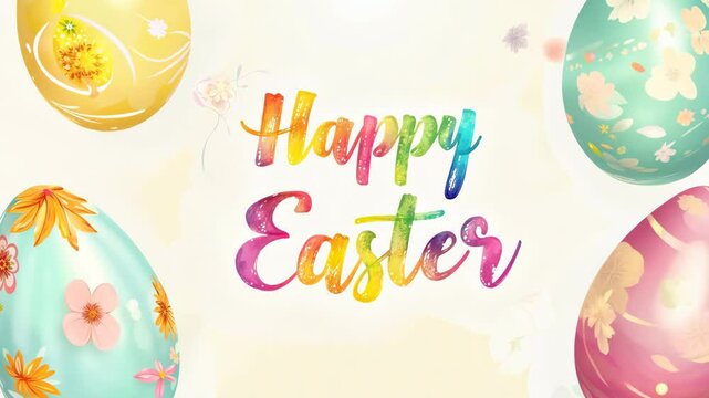 Cheerful watercolor composition featuring the words &ldquo;Happy Easter&rdquo; in colorful lettering. Surrounded by pastel-painted Easter eggs with floral patterns, set against a soft cream background.