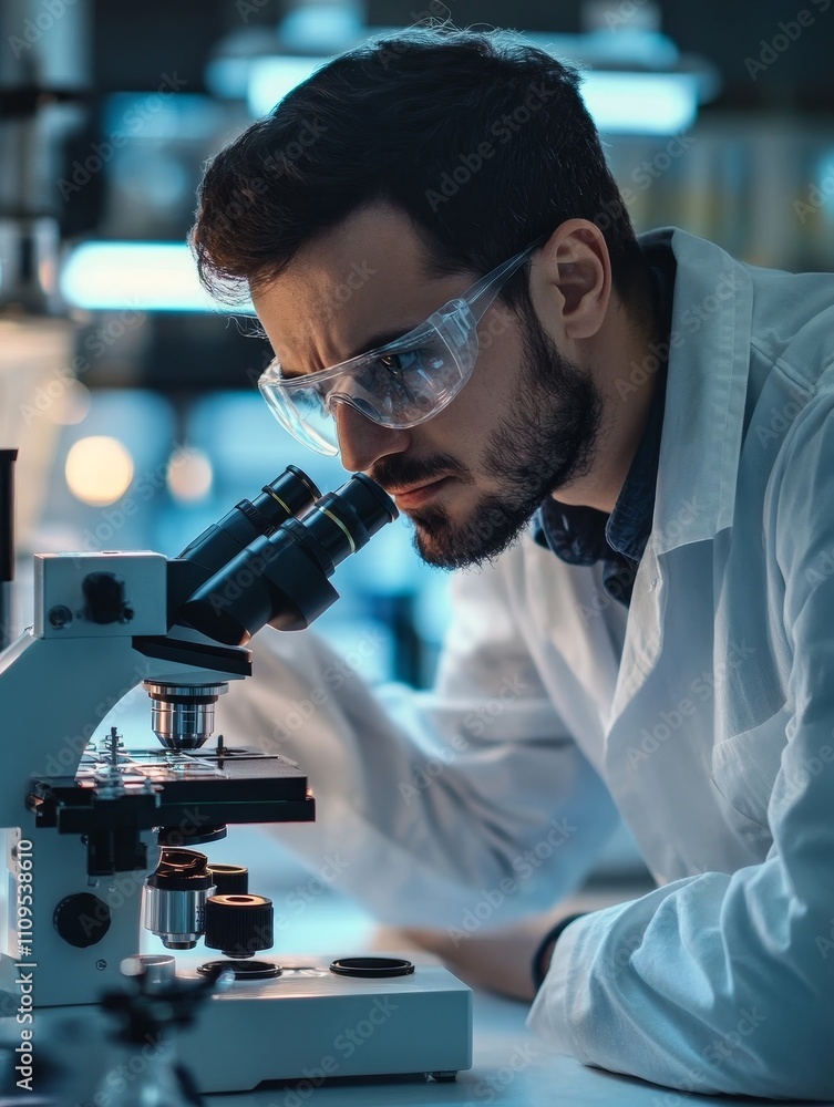 Poster scientist analyzing lab results under microscope - focused scientist meticulously examines lab sampl