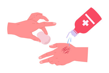 First aid for scratched human hand. Injured hand, damaged body skin, medical treatment for skin injury flat vector illustration. Cartoon injured human hand and medical treatment