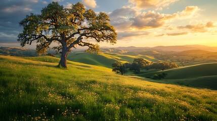 Fototapeta premium Rolling meadow with a lone tree standing tall under the warm glow of the evening sun