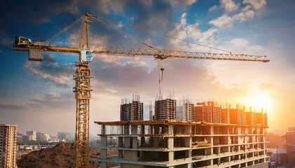 고층 건물 공사 현장에서 타워크레인이 자재를 올리고 있는 장면